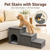 Escalier pour animaux de compagnie moderne et robuste avec boîte de rangement à ouverture par le haut, pliable, 3 marches, en tissu gris, pour canapé ou lit surélevé