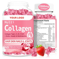 Bonbons gélifiés au collagène OEM, biotine, kératine, multivitamines, acide hyaluronique, sans sucre, saveur fraise, 60 unités, pour les cheveux, les ongles et le système immunitaire
