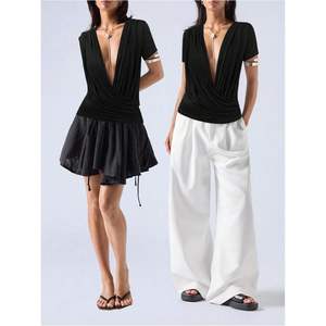 เสื้อยืดคอกว้างทรงเข้ารูปสำหรับผู้หญิง แขนสั้น ผ้าถักผสมคอตตอนและสแปนเด็กซ์ ระบายอากาศได้ดี เหมาะสำหรับฤดูร้อน - Product Image 2