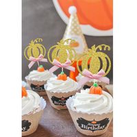 Décoration de gâteau sur le thème de l'automne : Topper de cupcake citrouille (nœud rose), fournitures de fête pour baby shower sur le thème de la citrouille, décorations alimentaires en forme de citrouille