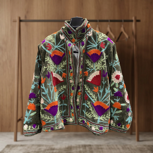 Stand Collar <b>Velvet</b> <b>Jacket</b> Floral Embroidery Full Sleeve Boxy Fit Autumn Women's Coat Regular Length Handmade Design Wholesale - Product Image 1