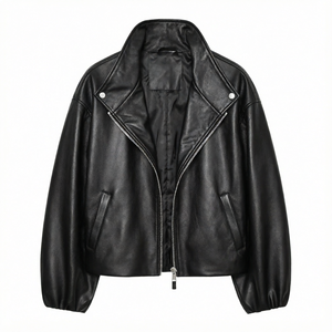 Veste en cuir PU respirante imprimée pour femme, fermeture éclair, col mandarin, vêtement d'extérieur tissé, tenue assortie pour couple, automne, noir - Product Image 1
