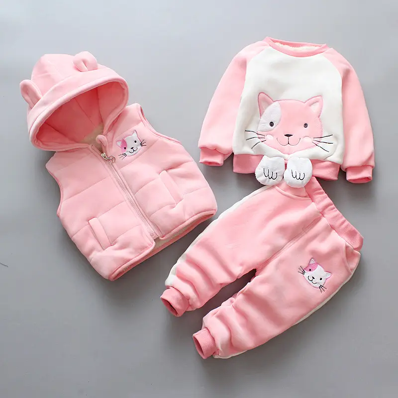 Finalz Trendy thicken winter kids suit 100% cotton 3 piece set pink baby Girls Clothing Sets