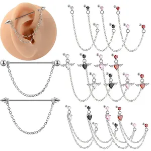 Boucles d'oreilles Double chaîne en acier inoxydable pour femme, bijou, Piercing, cœur en Zircon, Helix, Tragus, lien, Lobe, clou d'oreille, pompon, tendance, 1 pièce
