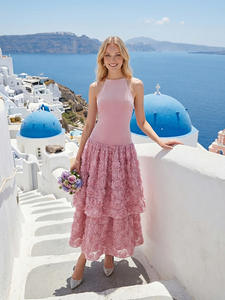 Vestido <span class=keywords><strong>Rosa</strong></span> Sexy con Tirantes y Hombros Descubiertos, Encaje Tridimensional con Rosas, Estilo Francés, Moda Ramadán 2026, Siete Colores - Product Image 1