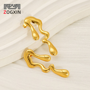 Geometric Wave Design Gold Plated Stud Earrings 18K Zinc Alloy Fashion Earrings - Product Image 2