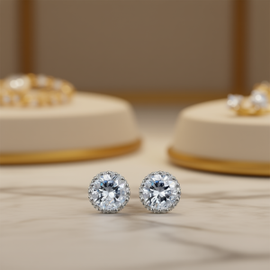 Orecchini a Perno E917 in Oro Bianco con Diamanti Taglio Brillante Rotondo, Montatura a Castone, Gioielli Classici da Donna - Product Image 2