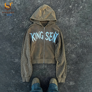 Sudadera con capucha para hombre, de fabricante personalizado, extragrande, con bordado desgastado, lavado vintage, con cremallera y pedrería de diamante completa - Product Image 1