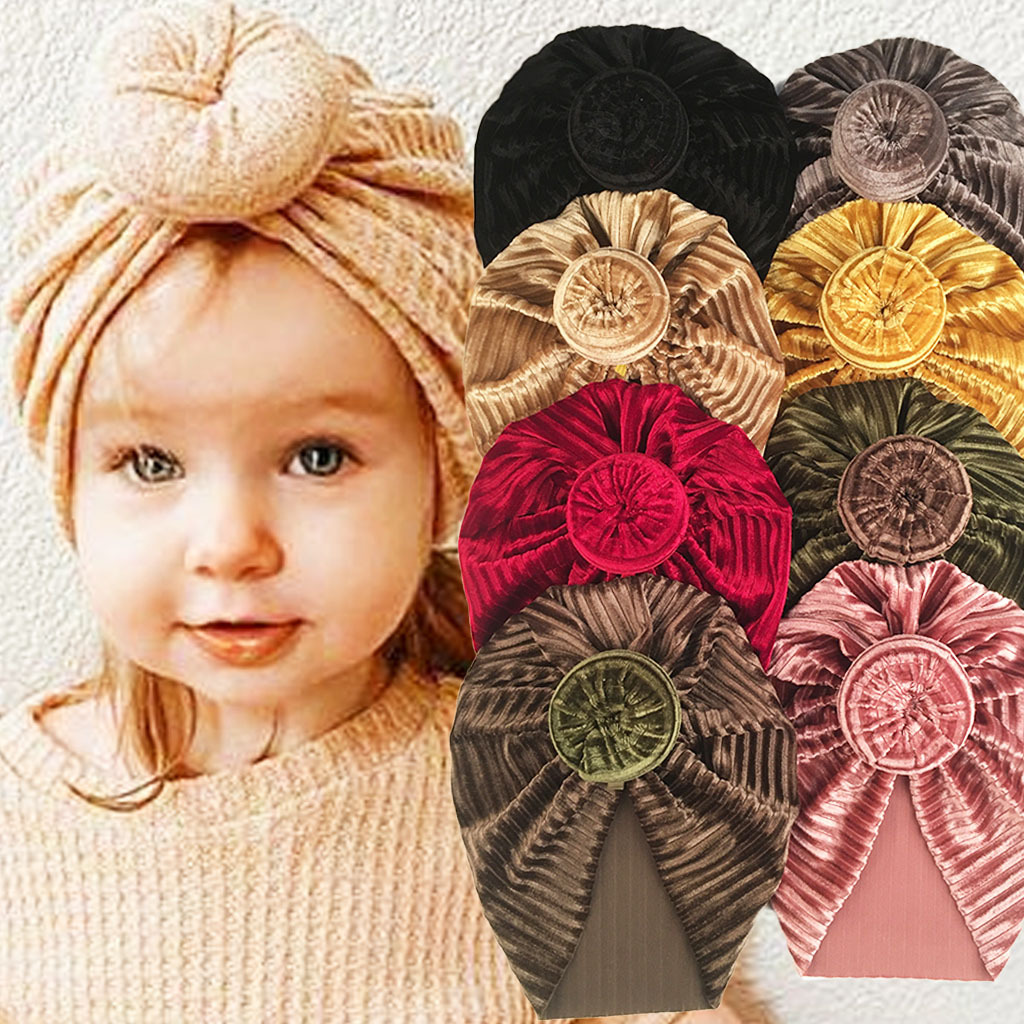 Мягкая бархатная Детская шапка-тюрбан с узлом, однотонная шапка для маленьких мальчиков и девочек, головные повязки для младенцев, детские шапки, шляпа
