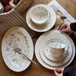 Service de vaisselle en céramique Lelyi, style <span class=keywords><strong>vintage</strong></span> romantique, décor floral en relief, compatible micro-ondes, assiettes, bols, assiettes à dessert et à soupe - Product Image 1