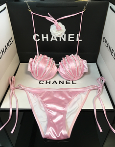 Maillot de bain bikini rose en satin pour femme, fait main, avec perles et coquillages de sirène, ensemble 2 pièces, motif géométrique tricoté, respirant, tenue de plage - Product Image 1