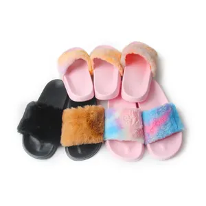 Logo personalizzato Indoor Suola in Eva Racoon Collo di Pelliccia di Pelliccia Slides Sandalo Colorato 100% Fluffy Fox Pelliccia di Procione Slipper Per Le Donne