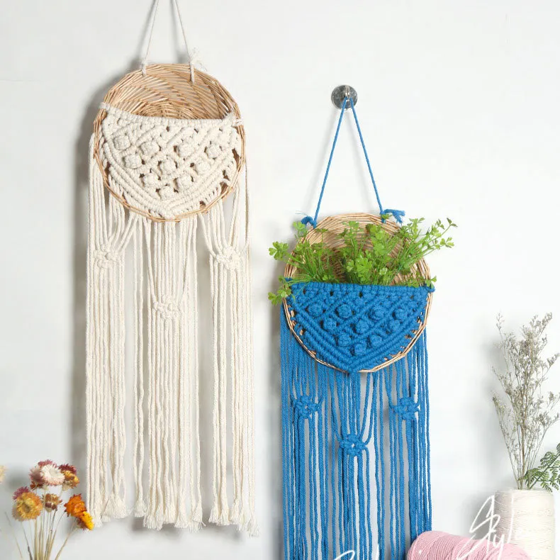 Boho Cotton Cord Macrame Wall Hanging Basket Hammock Rattan Rope Flower Plant Pot Hanger with Tassel for Home Decor