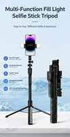 Kit de vlogging pour iPhone/Android, trépied à selfie en alliage d'aluminium à 5 pieds de 66,7 pouces, lumière d'appoint, microphone sans fil, télécommande, rotation à 360 degrés