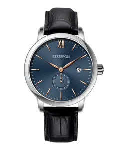 2021 Besseron男士不锈钢皮革表带休闲石英计时手表