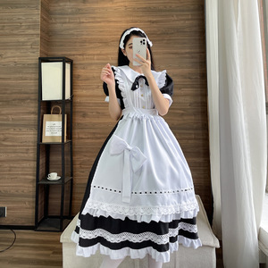 Maid Long Dress Short Sleeve Crossdressing Cosplay Costume Anime Outfit White Black Polyester Spring 2022 - Product Image 3
