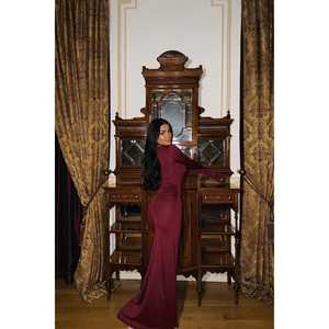 Robe de bal vintage bordeaux à manches longues, motif brodé, taille empire, taille naturelle XL, en polyester, longueur maxi, pour soirée - Product Image 2