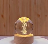 Lampe de nuit LED USB avec boule de cristal gravée au laser 3D représentant Jésus, sur base en bois, pour la décoration de la maison