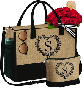 Sacs fourre-tout en <span class=keywords><strong>jute</strong></span> personnalisés avec broderie de lettres, écologiques, grande capacité, pour femmes, épaule, monogramme, publicité, cadeaux de shopping - Product Image 1