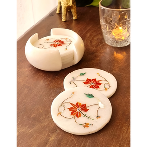 Ensemble de sous-verres artisanaux écologiques en marbre blanc oriental avec support et motif floral Pietra Dura - Product Image 1