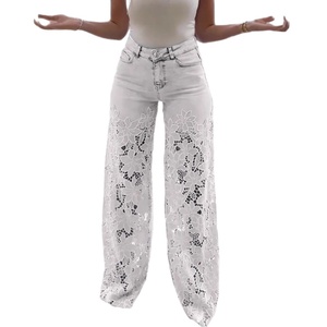 Pantalones Vaqueros de Pierna Ancha y Cintura Alta para Mujer 2025, Casuales de Primavera y Verano, Moda Versátil con Empalme de Encaje Calado, Ajuste Holgado y Logo en la Cintura - Product Image 5