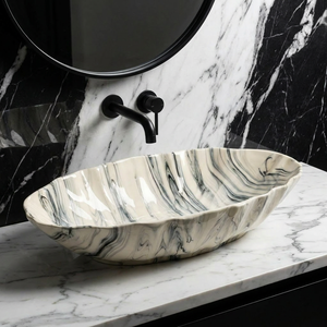 Lavabo Artistico in Ceramica Grigia con Rilievo a Grana Diamantata Stile Modern Farmhouse, con Scarico Integrato per Lavabi <span class=keywords><strong>da</strong></span> <span class=keywords><strong>Appoggio</strong></span> <span class=keywords><strong>Bagno</strong></span> - Product Image 1