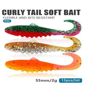 Lot de 15 leurres souples en PVC bouclés de 5,5 cm/<span class=keywords><strong>2</strong></span> g avec paillettes, appâts réalistes et colorés pour la pêche au bar en eau douce et salée – Qualité OEM supérieure - Product Image 2