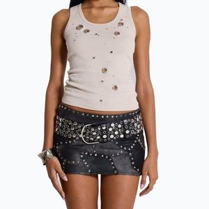 Top de Verano de Moda para Mujer, Chaleco Casual de Algodón con Estampado de Letras Tejidas y Ojales Metálicos - Product Image 1