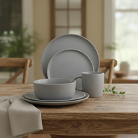 Service de table en grès céramique chinois durable |   Ensemble de 4 assiettes et bols gris |   Compatible lave-vaisselle, compatible four/micro-ondes, résistant à la chaleur
