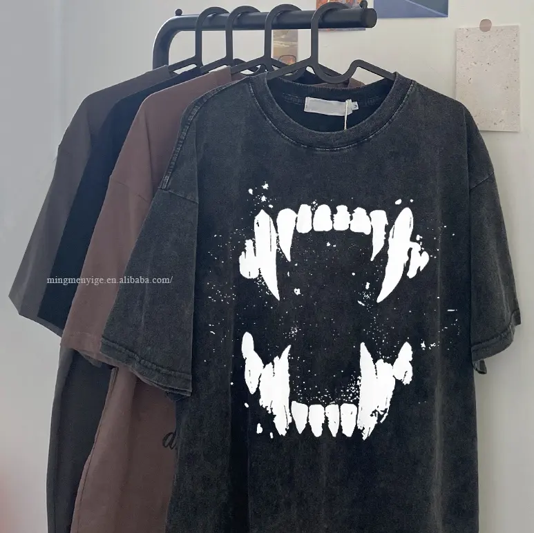Produsen Pakaian Pria Kustom Kaus Dicuci Vintage Grafis Pudar Kaus Cuci Cetak Hitam untuk Pria Kaus Kebesaran