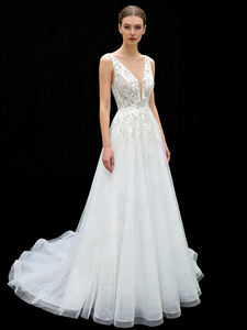 Nuevo Vestido <span class=keywords><strong>de</strong></span> Novia <span class=keywords><strong>de</strong></span> Encaje y Tul Color Marfil, Estilo Clásico, Elegante y Moderno, Línea A, Largo hasta el Suelo, Talla Grande, para <span class=keywords><strong>Boda</strong></span> <span class=keywords><strong>Civil</strong></span> Sencilla, 2026 - Product Image 2