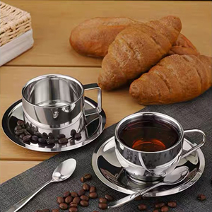 Taza de Café Estilo Coreano al por Mayor, Taza de Doble Capa de Acero Inoxidable 304 para el Hogar y la Oficina con Juego de Plato y Cuchara - Product Image 1