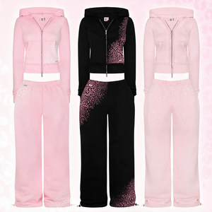 Ensemble de survêtement personnalisé pour femme, motif léopard, avec strass, veste courte zippée et pantalon large en coton doux, directement de l'usine - Product Image 1