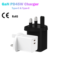 Chargeur rapide GaN 45W PD 3.0 avec 2 ports Type-C, prise UK, certifié CE, écologique, ignifuge, pour ordinateurs portables/tablettes, montres intelligentes