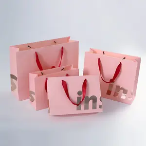 orange Luxury Rose Gold Stamping Printing Pink Handle Bag Custom Paper Packaging Bag With Silk Ribbon Handle Paper Gift Bag 21cm