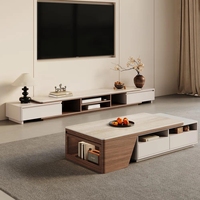 Ensemble table basse et meuble TV extensible moderne et minimaliste en bois massif vintage avec plateau en pierre frittée