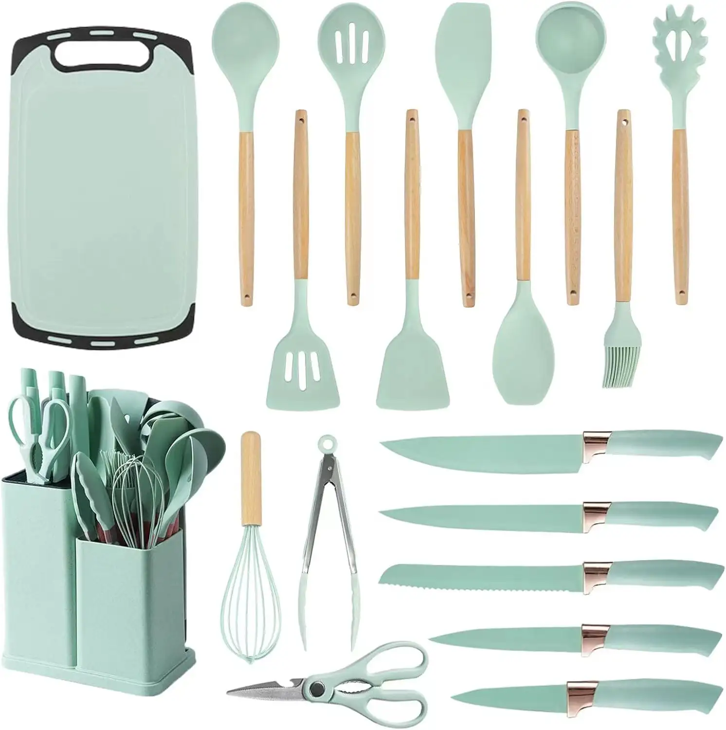 Verkaufsschlager 19-teiliges Küchen-Gadget-Werkzeug Silikon-Küchenutensil-Set mit Holzgriff und Schnittplatte Aufbewahrungsbecken