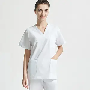 Polyester coton vêtements d'exploitation unisexe été coréen lavage des mains vêtements à manches courtes mince fendu infirmière médecin gommage uniforme