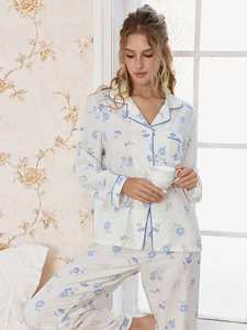 بيجامات قطنية مخصصة بأكمام طويلة ونقشة زهور مع حواف مزخرفة، بيجامات مريحة من الخيزران، ملابس منزلية للنساء، أطقم نوم من المودال - Product Image 3