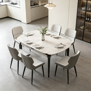 Ensemble de table à manger ronde moderne en marbre avec pieds en métal, capacité de 8 personnes, design minimaliste extensible, meubles pour la maison - Product Image 3