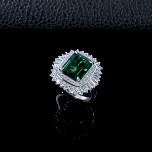 S925 <b>Silver</b> Lab‑Created <b>Emerald</b> <b>Ring</b> Rectangle Cut Halo Cubic Zirconia Accents Ladies Daily Wear Jewelry <b>Ring</b> - Product Image 2