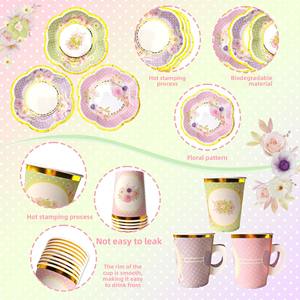 Set per Feste del Tè e <span class=keywords><strong>Compleanni</strong></span>, Piatti Usa e Getta con Manici, Bicchieri di Carta con Design Floreale, Stoviglie Decorative - Product Image 4