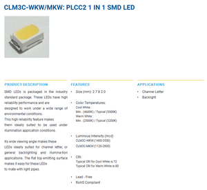 Vente chaude CREEs CLM3C-WKW-CWbYa453 LED Indication Discrete 3.2V 2-SMD J-Lead Cool White 5500K Ra90 120 Angle de vision Dimmable - Product Image 2