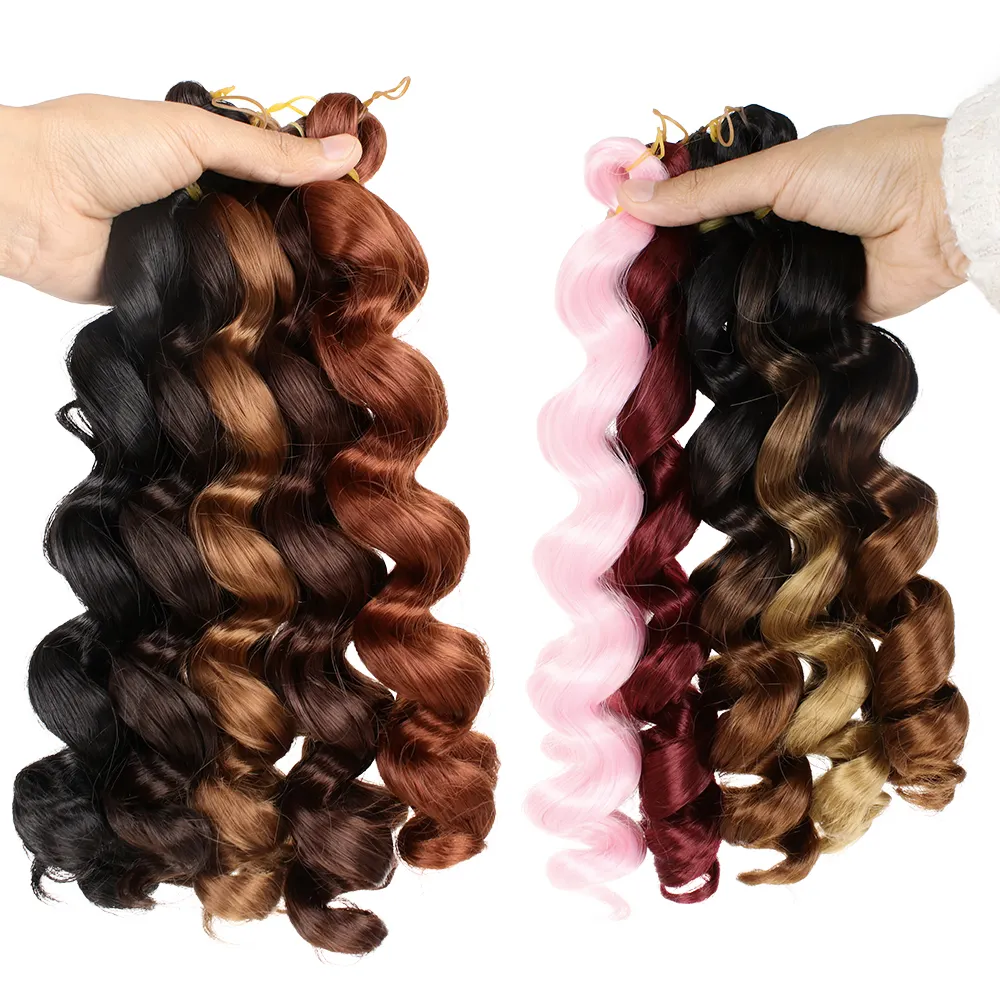 Grosir pendek 12 "Perancis longgar ikal kepang sintetis keriting mengepang rambut 10 warna Ombre Crochet kepang rambut ekstensi