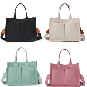 Canvas Tote Bag For Women Solid Color Minimalist Style Shoulder Crossbody Bag With Front Pockets Everyday Use Spring 2024 - Product Image 1