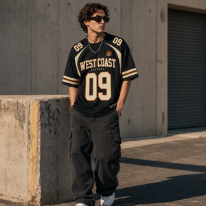 Maillot de football américain surdimensionné personnalisé, streetwear de la côte ouest, vêtements vintage hip hop pour fans - Product Image 1