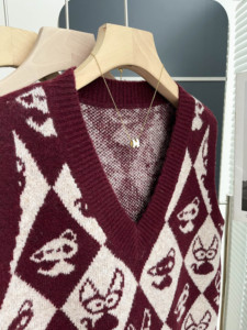 Women V Neck <b>Argyle</b> Knit <b>Sweater</b> Vest Cartoon Cat Pattern Sleeveless Vintage Loose Waistcoat Streetwear Casual Layering Tank Top - Product Image 5