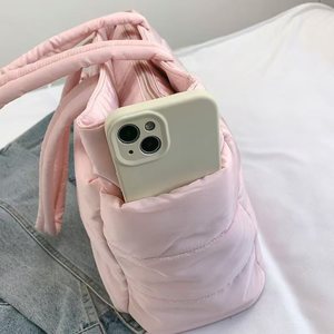 Nylon <strong>Puffer</strong> Tote Bag Large Capacity Lightweight Pastel Tote Bags Fluffy Handbag with Zipper Closure and Bottle Holder - Product Image 5