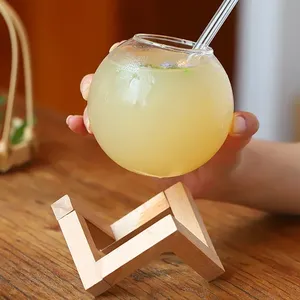 <span class=keywords><strong>Verre</strong></span> <span class=keywords><strong>à</strong></span> boisson transparent avec support en bois, forme ronde lunaire, pour cocktails, smoothies et jus de fruits - Product Image 1