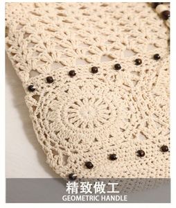 Bolso de hombro de moda para mujer con borlas de cuentas de madera, nuevo bolso de paja hueco con cremallera para vacaciones y playa - Product Image 6